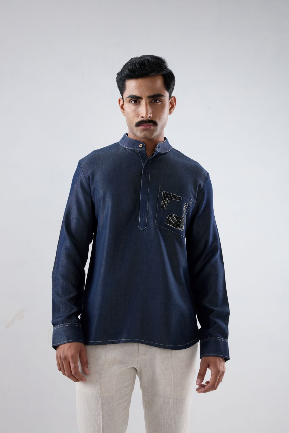 Dark Blue Denim Kantha Pocket Patchwork Kurta Shirt