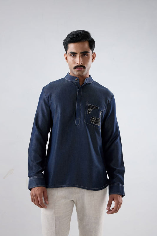 Dark Blue Denim Kantha Pocket Patchwork Kurta Shirt