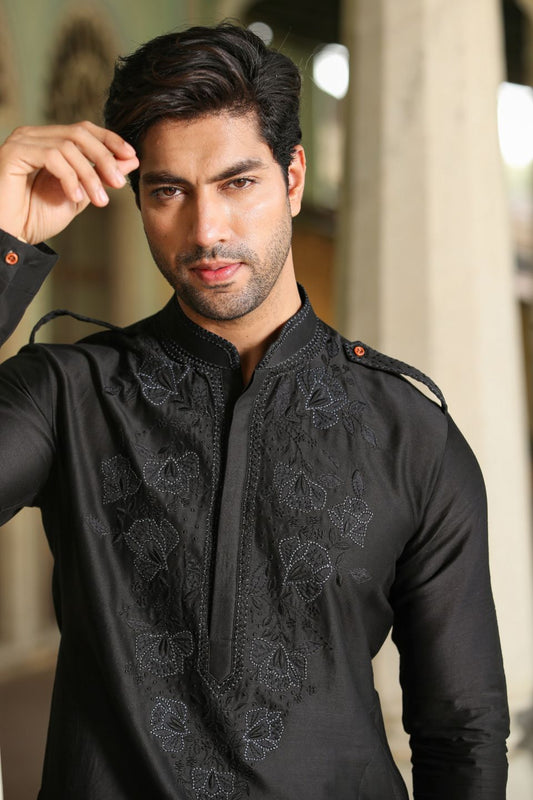 Black Applique Embroidered Silk Kurta