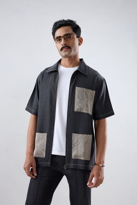 Black Denim Urban Wind Zipper Patchwork Shirt