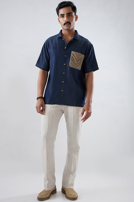 Dark Blue Denim Earth Patchwork Shirt