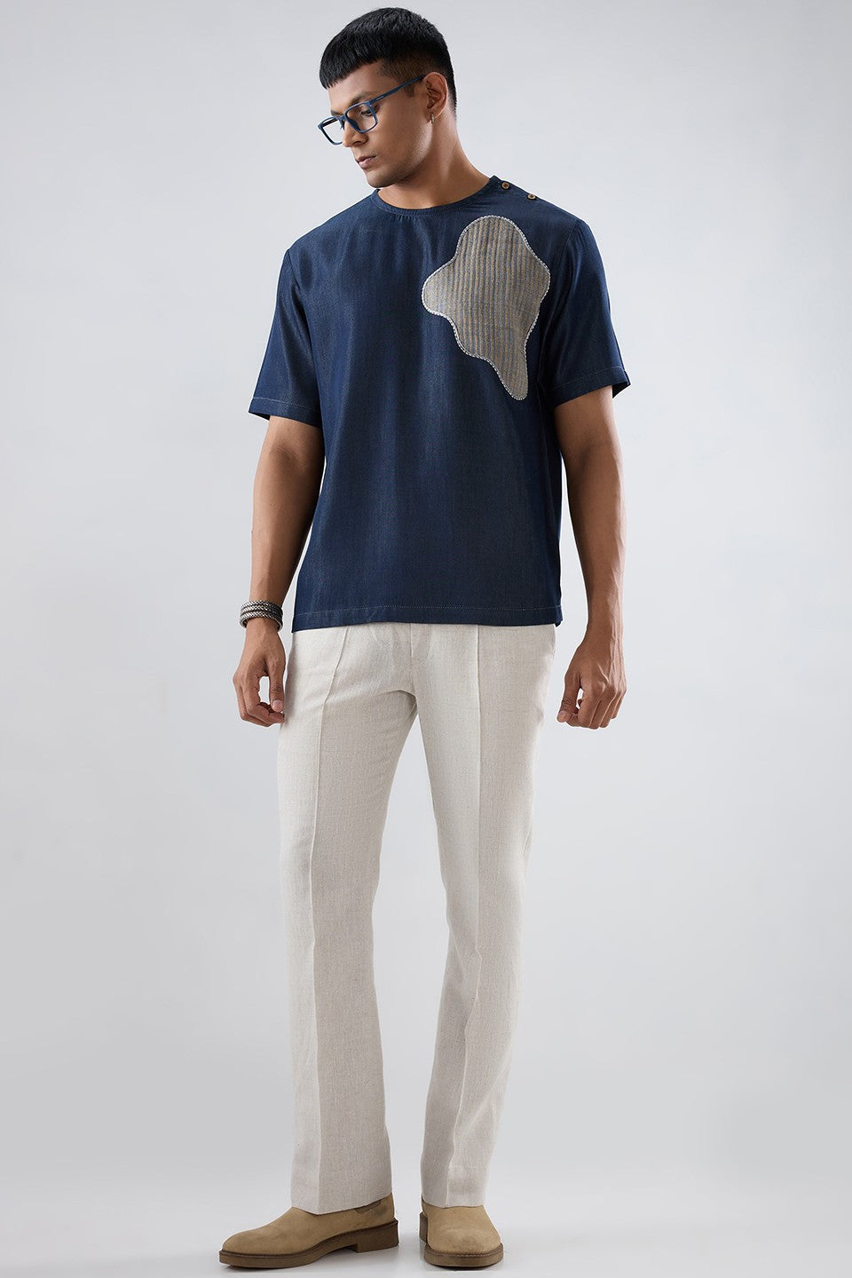 Dark Blue Denim Abstract Patchwork T-shirt