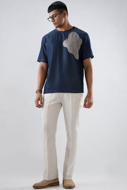 Dark Blue Denim Abstract Patchwork T-shirt