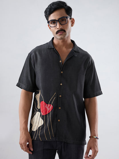 Black Denim Rust Panel Patchwork Shirt