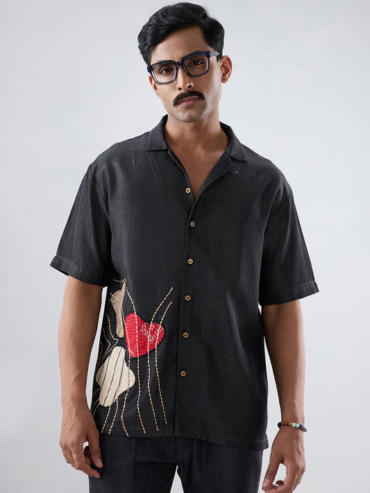 Black Denim Rust Panel Patchwork Shirt