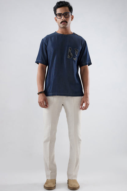 Dark Blue Denim Kantha Patch Pocket T-shirt