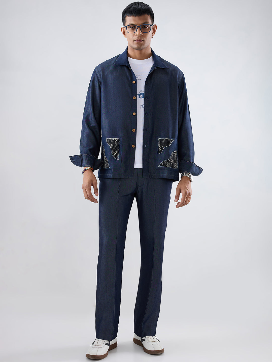 Dark Blue Denim Artisanal Kantha Patchwork Shacket