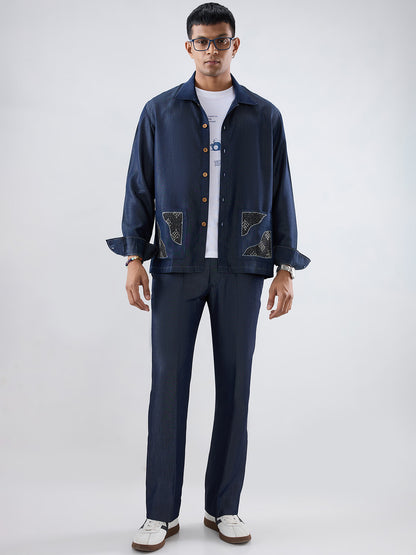 Dark Blue Denim Artisanal Kantha Patchwork Shacket