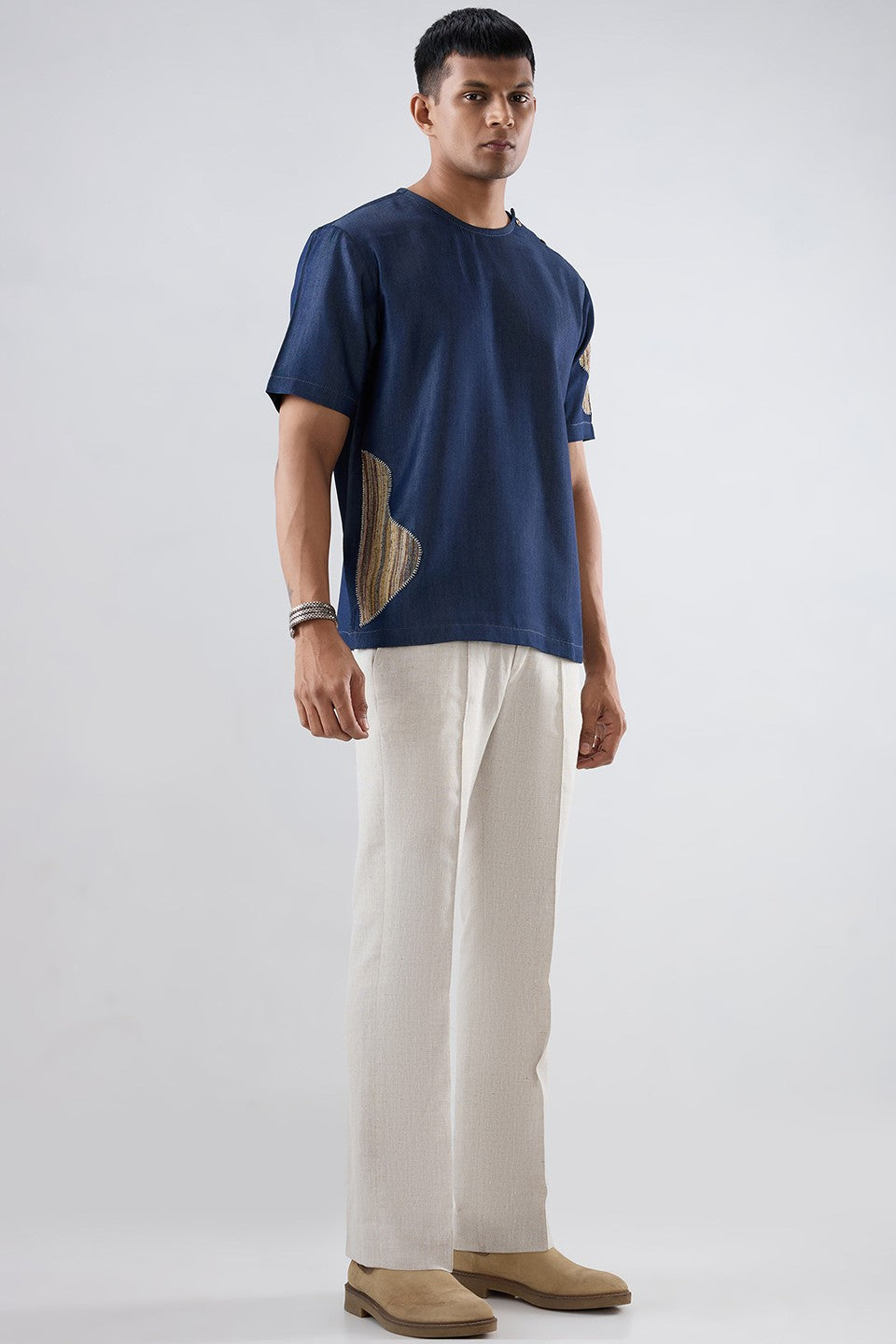 Dark Blue Denim Artisanal Patchwork T-shirt