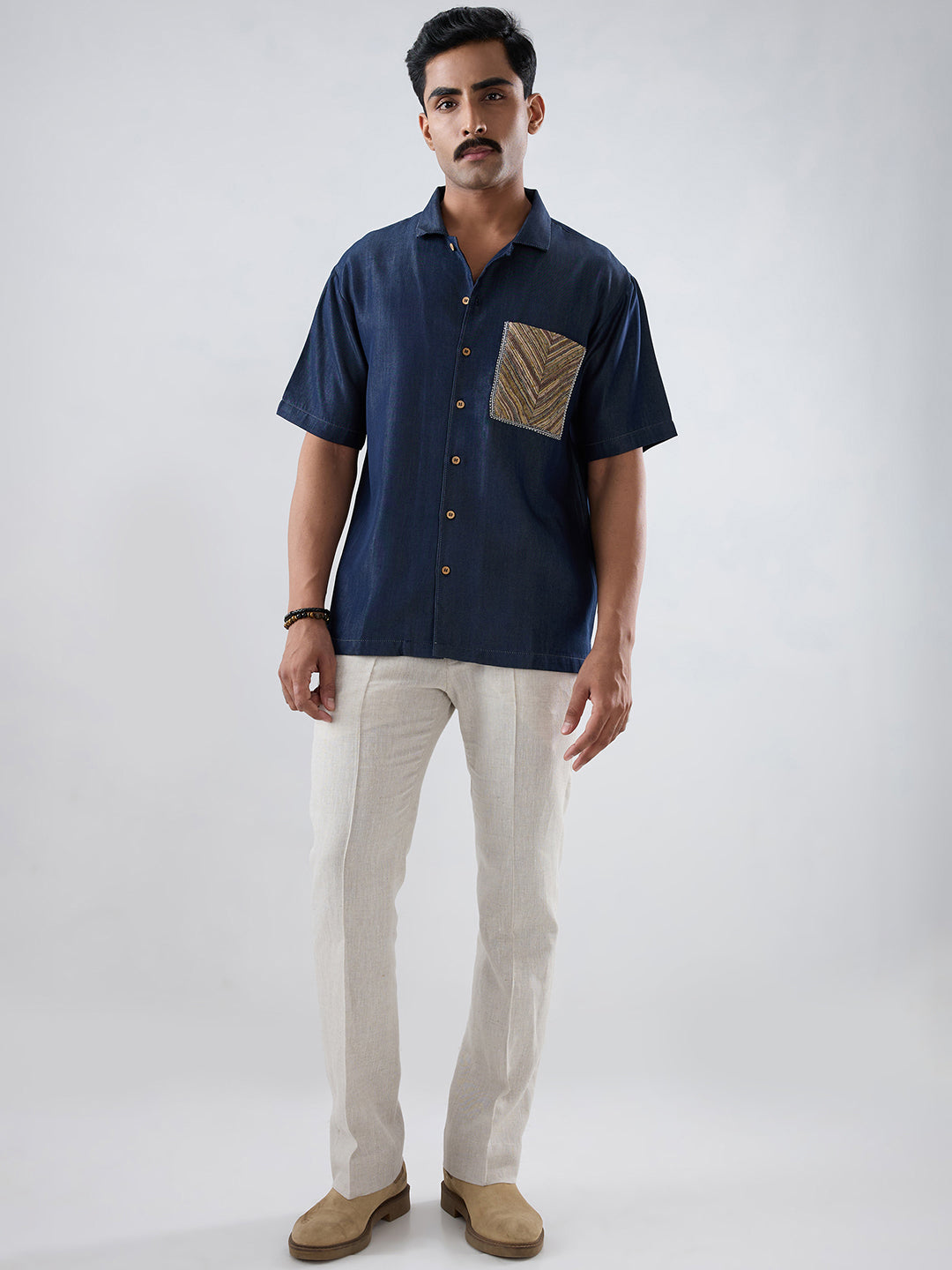 Dark Blue Denim Earth Patchwork Shirt