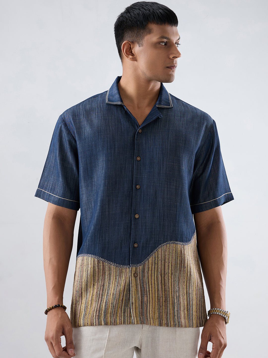 Dark Blue Denim Urban Patchwork Shirt