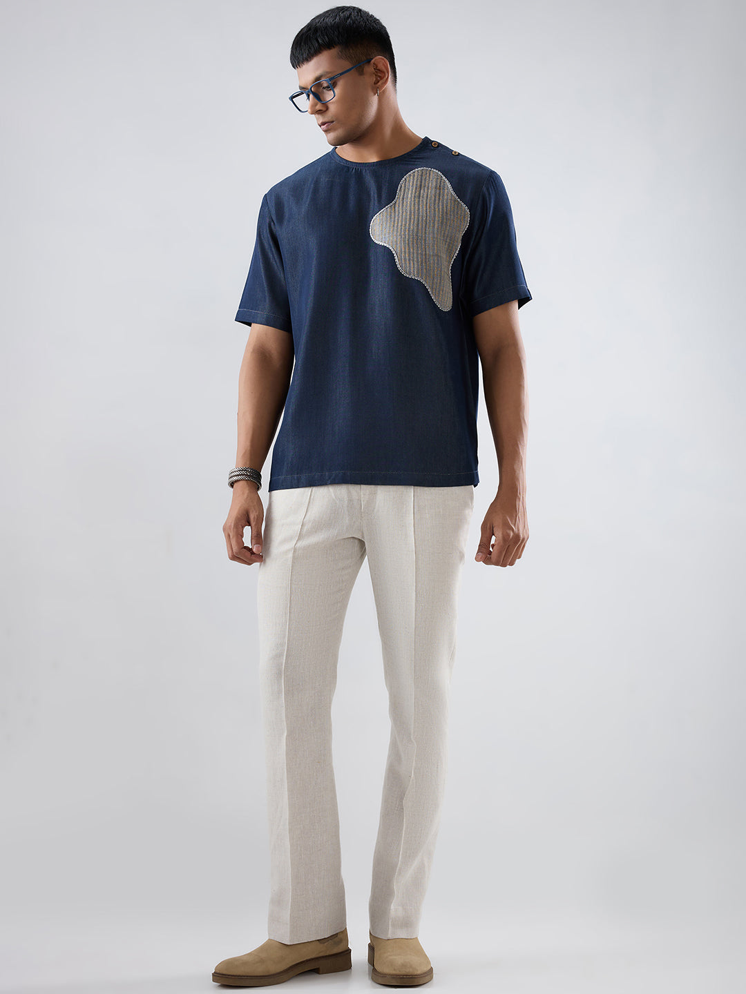 Dark Blue Denim Abstract Patchwork T-shirt