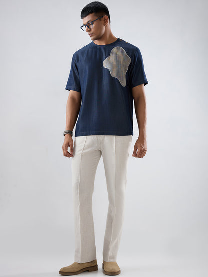 Dark Blue Denim Abstract Patchwork T-shirt