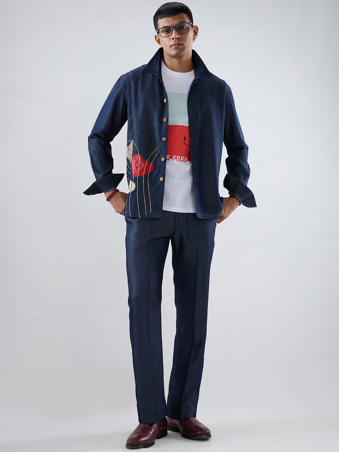 Dark Blue Denim Rust Panel Patchwork Shacket