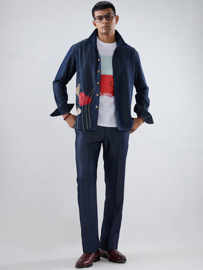 Dark Blue Denim Rust Panel Patchwork Shacket