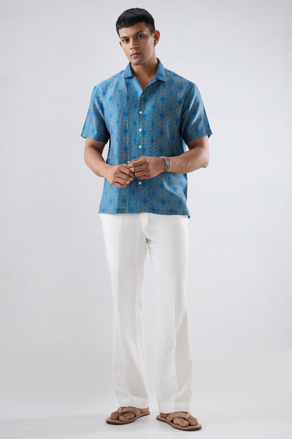 Dark Blue Bandhani Cuban Collar Shirt