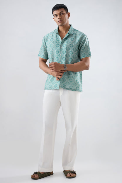 Turquoise Bandhani Cuban Collar Shirt