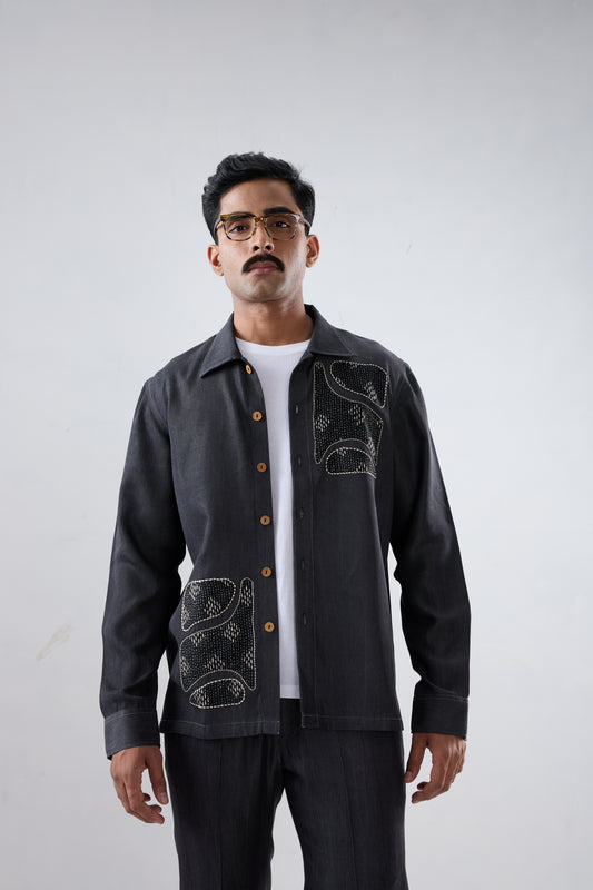 Black Denim Kantha Patchwork Shacket