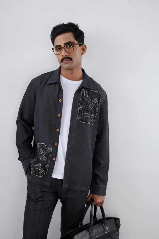 Black Denim Kantha Patchwork Shacket
