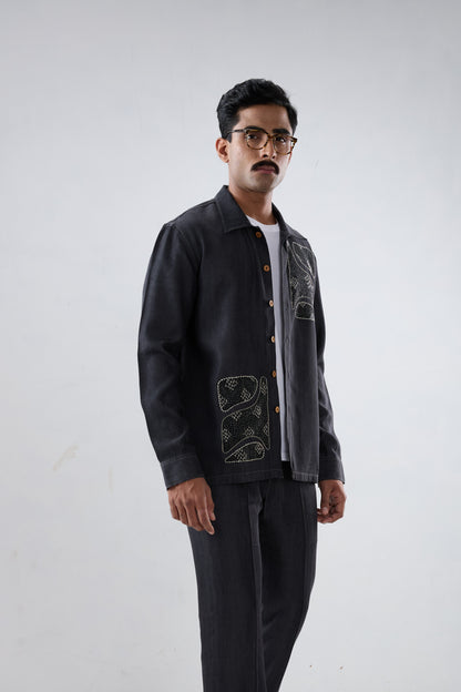 Black Denim Kantha Patchwork Shacket
