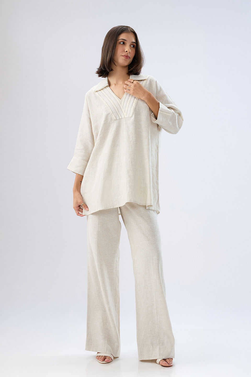 Beige V-neck co-ord set