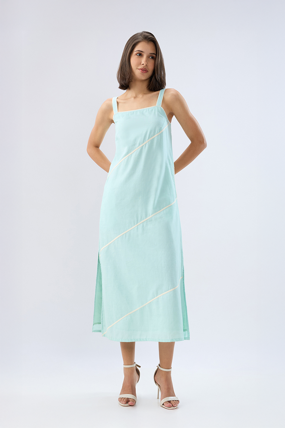 Blue Square neck sleeveless column dress