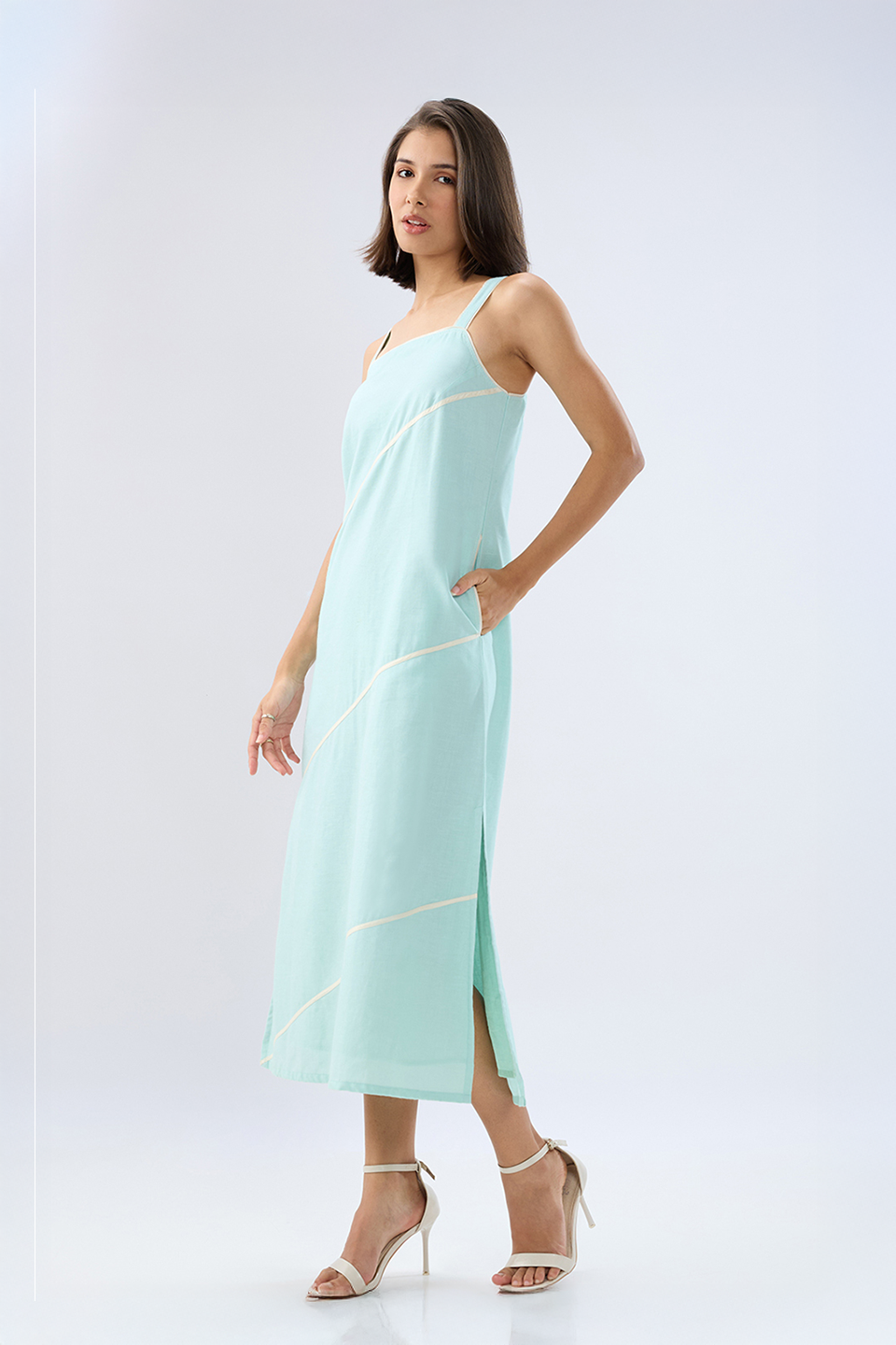 Blue Square neck sleeveless column dress