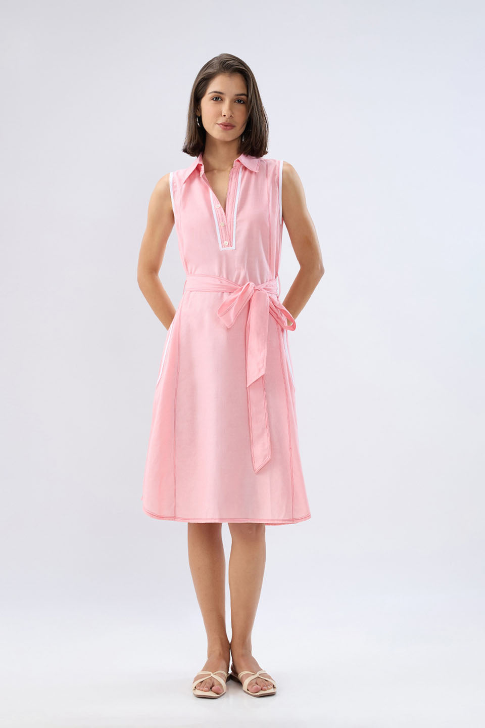 Pink Sleeveless A-line tie-up dress