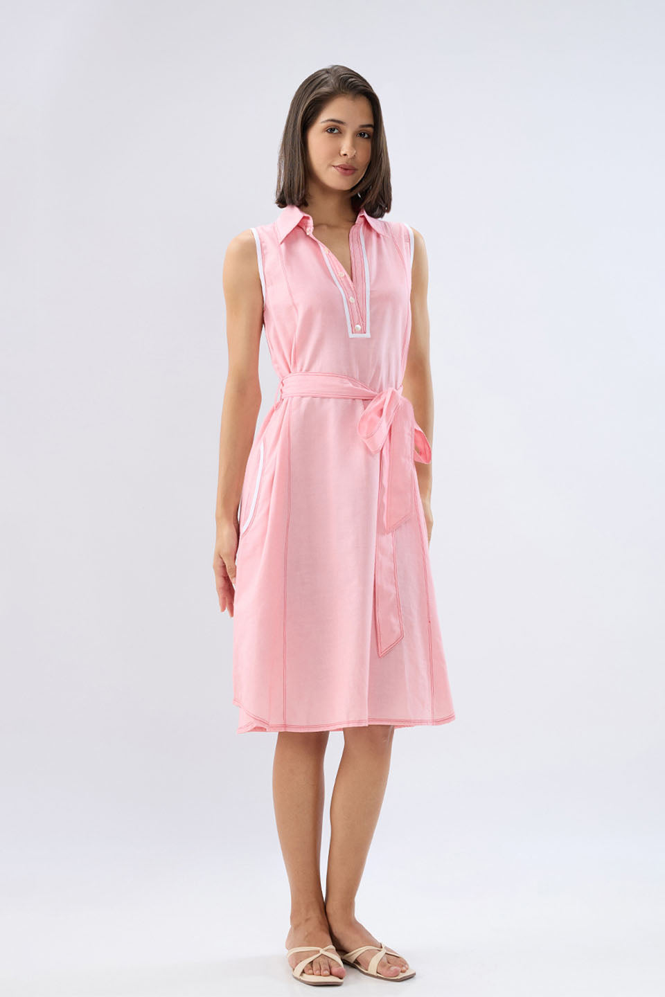 Pink Sleeveless A-line tie-up dress