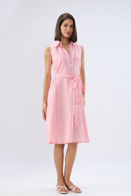 Pink Sleeveless A-line tie-up dress