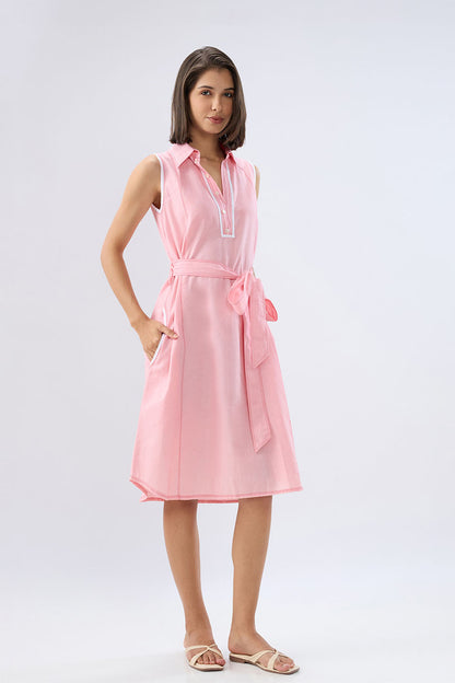 Pink Sleeveless A-line tie-up dress