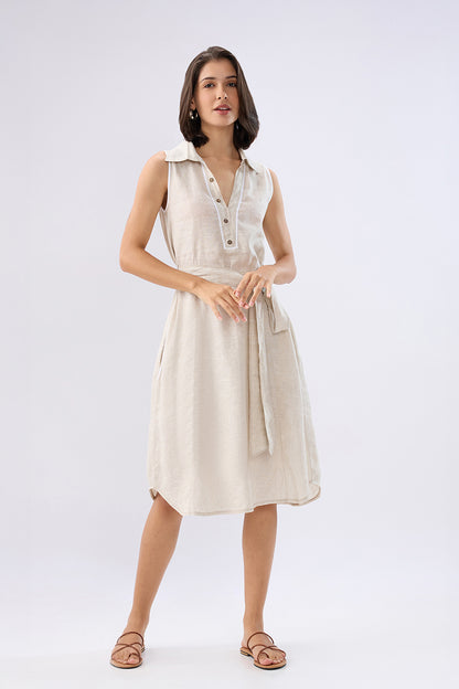 Beige Sleeveless A-line tie-up dress