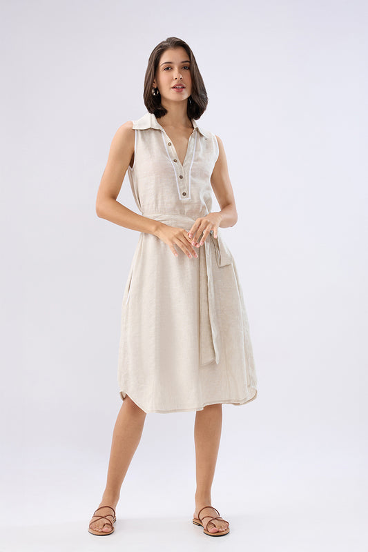 Beige Sleeveless A-line tie-up dress