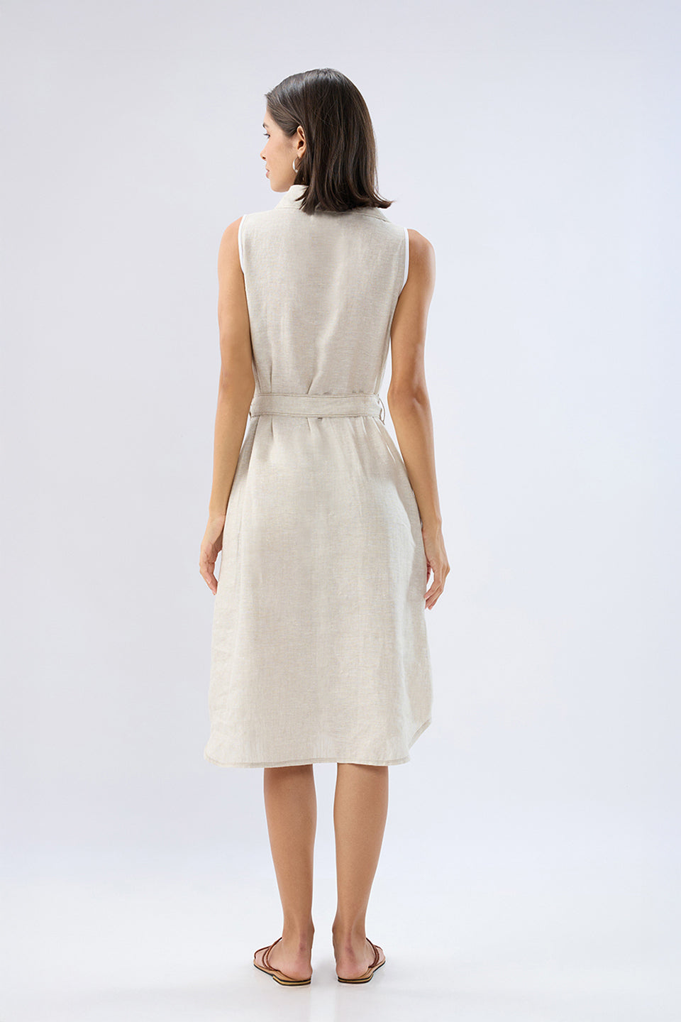 Beige Sleeveless A-line tie-up dress