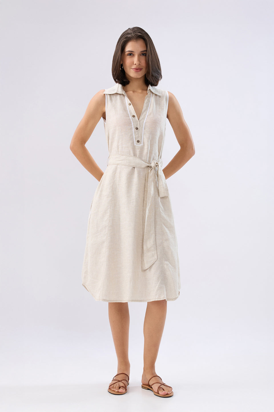 Beige Sleeveless A-line tie-up dress