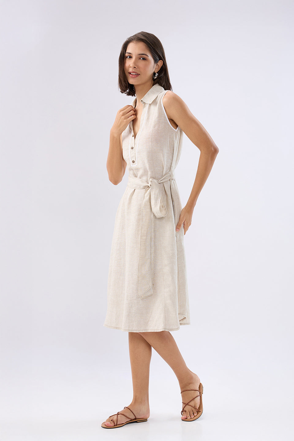 Beige Sleeveless A-line tie-up dress