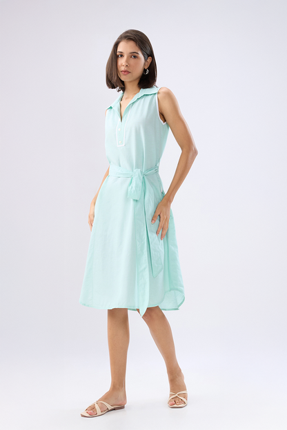 Blue Sleeveless A-line tie-up dress