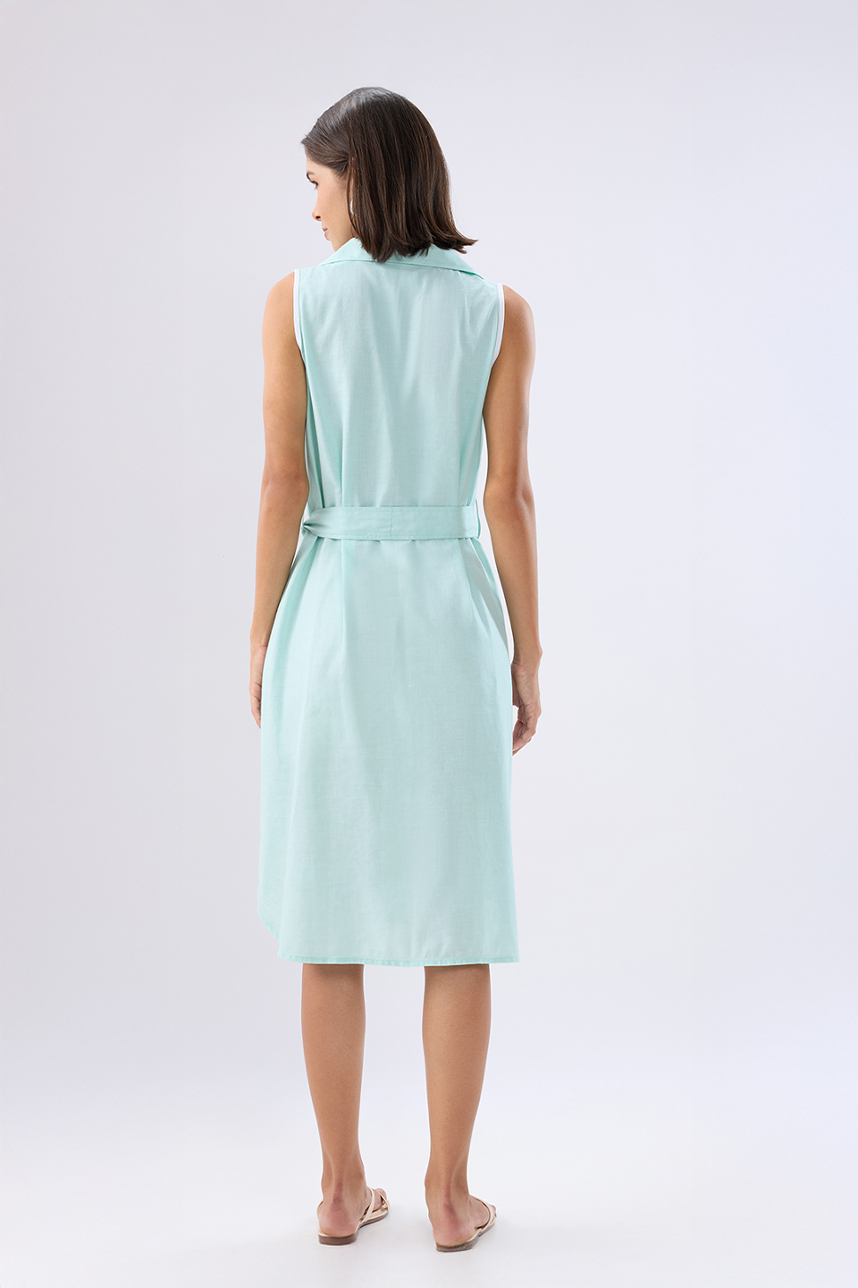 Blue Sleeveless A-line tie-up dress