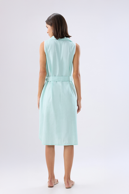 Blue Sleeveless A-line tie-up dress