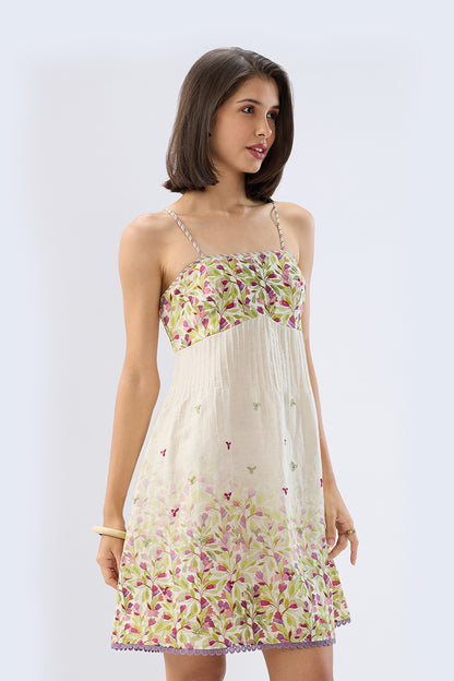 Ivory Pintuck Floral Mini Dress