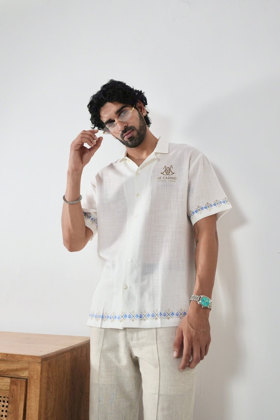 White Monte Carlo Cuban Collar Shirt