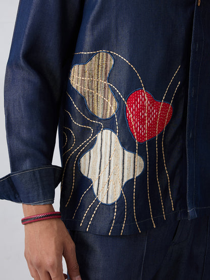 Dark Blue Denim Rust Panel Patchwork Shacket