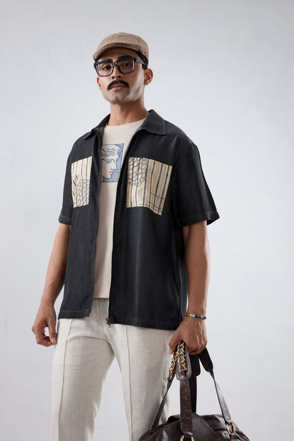 Black Denim Cloud Zipper Patchwork Shirt