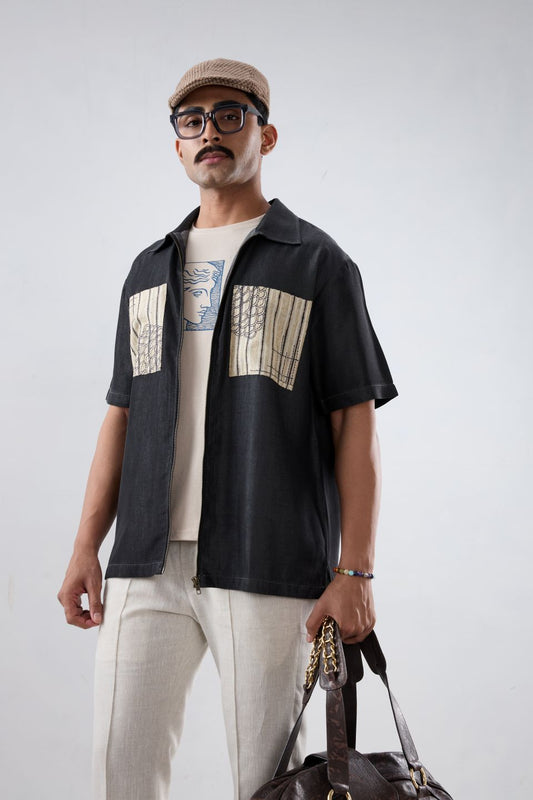 Black Denim Cloud Zipper Patchwork Shirt