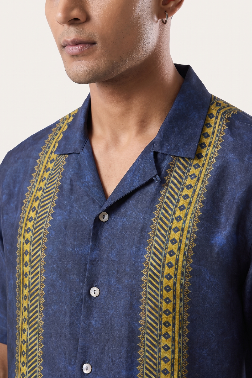 Blue Linear SIlk Cuban Collar Shirt
