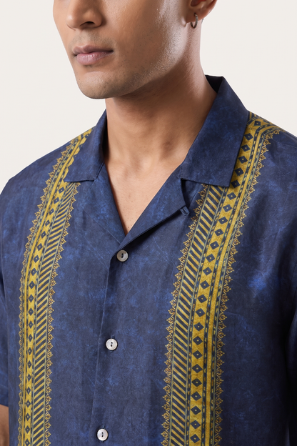 Blue Linear SIlk Cuban Collar Shirt