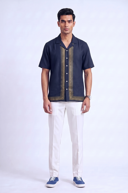 Blue Regal Silk Cuban Collar Shirt