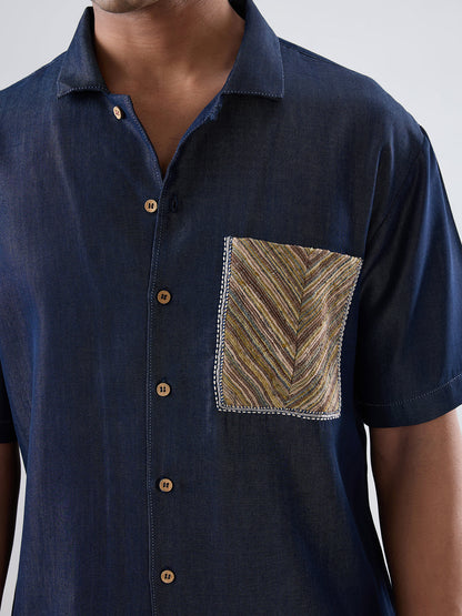 Dark Blue Denim Earth Patchwork Shirt