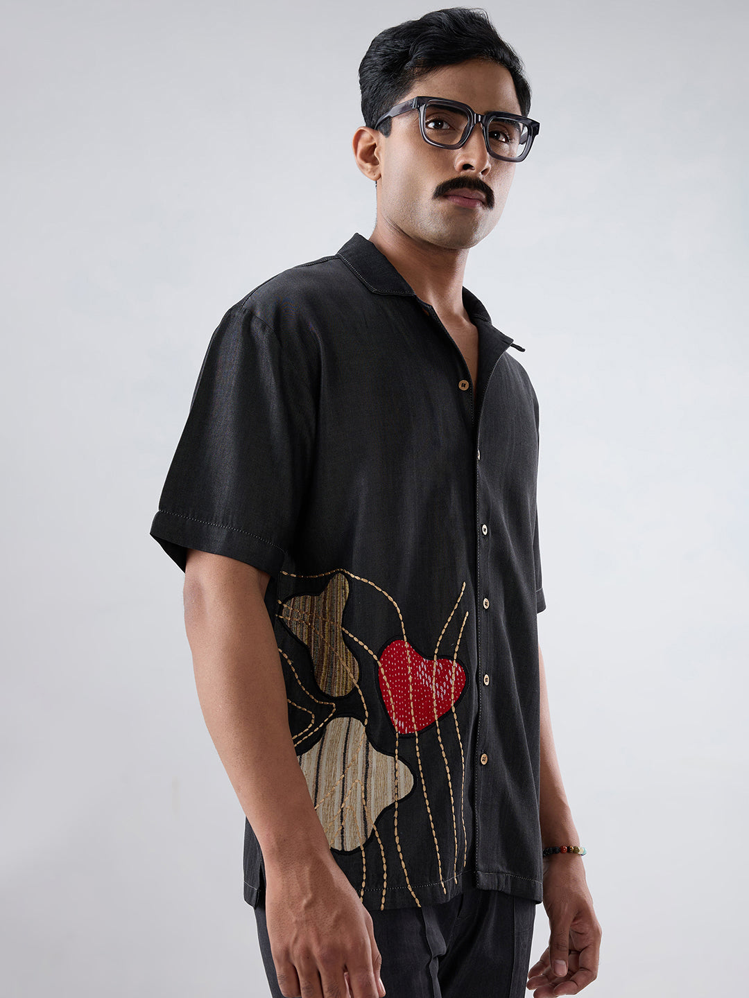 Black Denim Rust Panel Patchwork Shirt