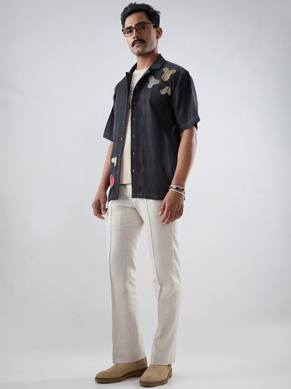 Black Denim Grid Patchwork Shirt